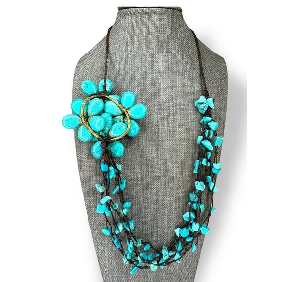 Turquoise Chip Dyed Howlite Blossom Flower Necklace Leather Cord 22” - Picture 6 of 11